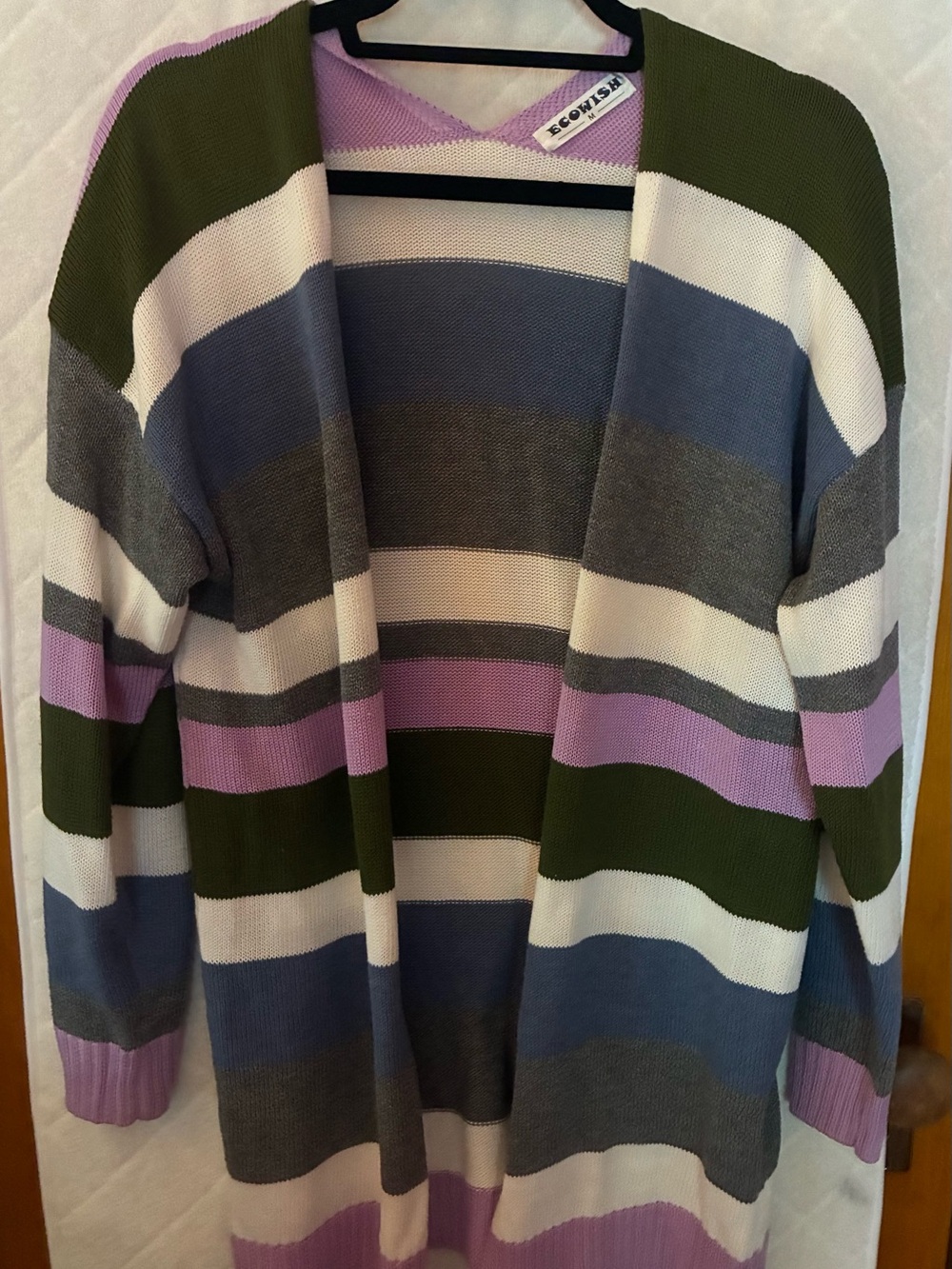 EcoWish Striped Open-Front Cardigan in Olive, Lavender, Blue & Gray
